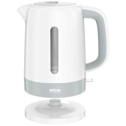 Weißer Wasserkocher mit grauem unteren Teil. Hat einen ergonomischen Griff und eine Wasserstandsanzeige.
