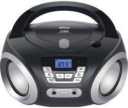 schwarzer CD-Player mit Tragegriff. Rundes Design, zwei Lautsprecher. Digitales Display zeigt Frequenz 87.5 MHz. Tasten für Lautstärke, Funktion und AUX-Anschluss.