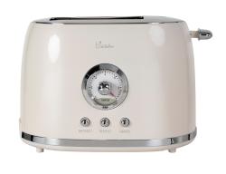 cremefarbener Toaster mit silbernen Akzenten. Runde Zeitanzeige in der Mitte. Drei Tasten: Auftauen, Wiedererwärmen, Abbrechen.
