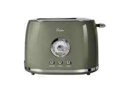 grüner Toaster mit glänzender Oberfläche. Rundes Bedienfeld in der Mitte. Knöpfe für Auftauen, Aufwärmen und Abbrechen.