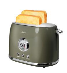 grüner Toaster mit glänzender Oberfläche. Rundes Bedienfeld in der Mitte. Knöpfe für Auftauen, Aufwärmen und Abbrechen.
