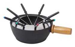 Fondue-Set mit schwarzem Topf und Holzgriff. Enthält mehrere Gabeln in verschiedenen Farben.
