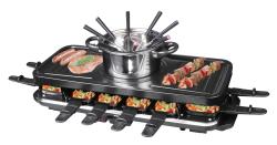 Raclette-Grill mit mehreren Schalen für Zutaten. Oben Grillfläche mit Fleisch und Gemüse.