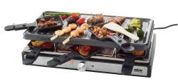 Raclette-Grill mit mehreren kleinen Pfannen. Verschiedene Lebensmittel wie Fleisch, Gemüse und Garnelen sind darauf platziert.