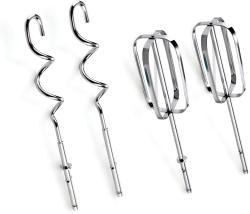 Weißer Handmixer mit einem ergonomischen Griff. Zwei Rührbesen sind sichtbar.