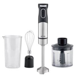 Stabmixer mit Edelstahlgriff und mehreren Aufsätzen. Enthält einen Messbecher, einen Schneebesen und eine Zerkleinerungsbox.