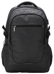 schwarzer Rucksack mit mehreren Fächern. Gepolsterte Rückseite und Tragegurte. Reißverschluss vorne und seitliche Netztaschen.