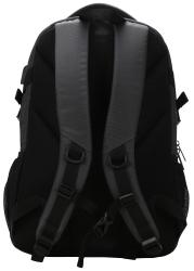 schwarzer Rucksack mit mehreren Fächern. Gepolsterte Rückseite und Tragegurte. Reißverschluss vorne und seitliche Netztaschen.