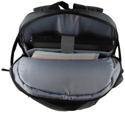 schwarzer Rucksack mit mehreren Fächern. Gepolsterte Rückseite und Tragegurte. Reißverschluss vorne und seitliche Netztaschen.