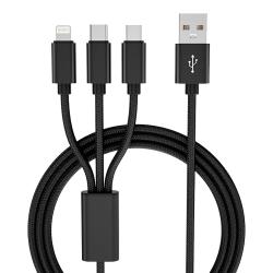 schwarzes Ladekabel mit drei Anschlüssen: Lightning, USB-C, Micro-USB. Geflochtene Hülle, mittellange Länge.