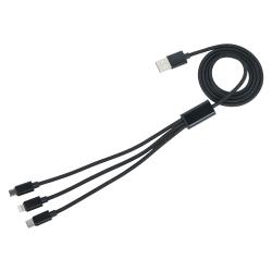schwarzes Ladekabel mit drei Anschlüssen: Lightning, USB-C, Micro-USB. Geflochtene Hülle, mittellange Länge.