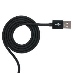 schwarzes Ladekabel mit drei Anschlüssen: Lightning, USB-C, Micro-USB. Geflochtene Hülle, mittellange Länge.