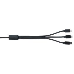 schwarzes Ladekabel mit drei Anschlüssen: Lightning, USB-C, Micro-USB. Geflochtene Hülle, mittellange Länge.