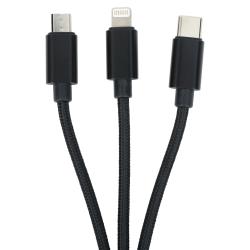 schwarzes Ladekabel mit drei Anschlüssen: Lightning, USB-C, Micro-USB. Geflochtene Hülle, mittellange Länge.