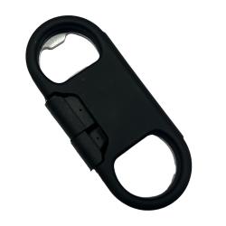 Schwarzes USB-Kabel mit zwei Anschlüssen. Links ein Standard-USB-Stecker, rechts ein kleinerer Stecker. In der Mitte eine Halterung mit zwei Öffnungen.