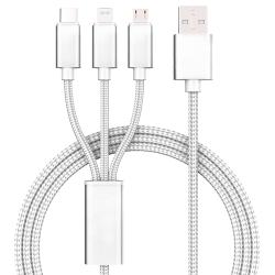 Datenkabel mit drei Anschlüssen: USB-C, Lightning und Micro-USB. Geflochtene Oberfläche in Silber.