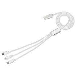 Datenkabel mit drei Anschlüssen: USB-C, Lightning und Micro-USB. Geflochtene Oberfläche in Silber.