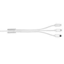 Datenkabel mit drei Anschlüssen: USB-C, Lightning und Micro-USB. Geflochtene Oberfläche in Silber.