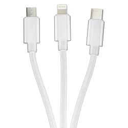Datenkabel mit drei Anschlüssen: USB-C, Lightning und Micro-USB. Geflochtene Oberfläche in Silber.