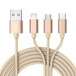 USB-Kabel mit drei Anschlüssen: Lightning, Micro-USB und USB-C. Goldfarbene Stecker und geflochtenes Kabeldesign.