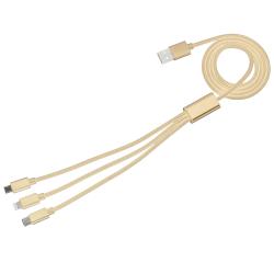 USB-Kabel mit drei Anschlüssen: Lightning, Micro-USB und USB-C. Goldfarbene Stecker und geflochtenes Kabeldesign.