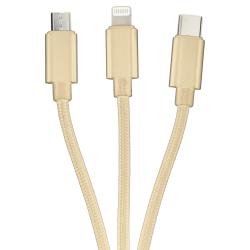 USB-Kabel mit drei Anschlüssen: Lightning, Micro-USB und USB-C. Goldfarbene Stecker und geflochtenes Kabeldesign.