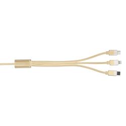 USB-Kabel mit drei Anschlüssen: Lightning, Micro-USB und USB-C. Goldfarbene Stecker und geflochtenes Kabeldesign.