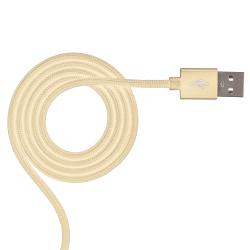 USB-Kabel mit drei Anschlüssen: Lightning, Micro-USB und USB-C. Goldfarbene Stecker und geflochtenes Kabeldesign.