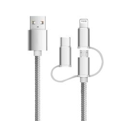 USB-Kabel mit mehreren Anschlüssen. Ein Ende mit USB-Stecker, andere Enden mit Lightning- und USB-C-Anschluss. Geflochtene Hülle, silberne Farbe.