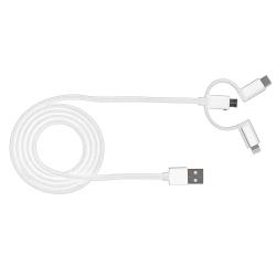 USB-Kabel mit mehreren Anschlüssen. Ein Ende mit USB-Stecker, andere Enden mit Lightning- und USB-C-Anschluss. Geflochtene Hülle, silberne Farbe.