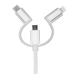 USB-Kabel mit mehreren Anschlüssen. Ein Ende mit USB-Stecker, andere Enden mit Lightning- und USB-C-Anschluss. Geflochtene Hülle, silberne Farbe.