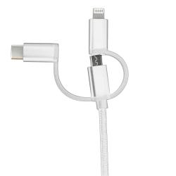 USB-Kabel mit mehreren Anschlüssen. Ein Ende mit USB-Stecker, andere Enden mit Lightning- und USB-C-Anschluss. Geflochtene Hülle, silberne Farbe.