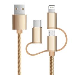USB-Kabel mit drei Anschlüssen. Goldene Farbe und geflochtenes Design.