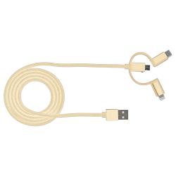 USB-Kabel mit drei Anschlüssen. Goldene Farbe und geflochtenes Design.