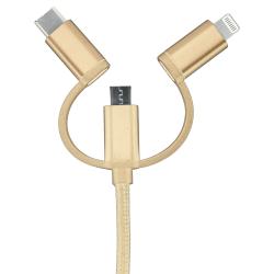 USB-Kabel mit drei Anschlüssen. Goldene Farbe und geflochtenes Design.