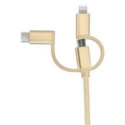 USB-Kabel mit drei Anschlüssen. Goldene Farbe und geflochtenes Design.