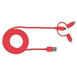 Rotes USB-Kabel mit mehreren Anschlüssen. Enthält USB, USB-C, Micro-USB und Lightning.
