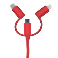 Rotes USB-Kabel mit mehreren Anschlüssen. Enthält USB, USB-C, Micro-USB und Lightning.