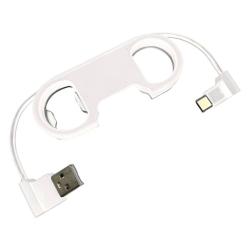 Weißes Kabel mit USB-Anschluss und einem speziellen Stecker. Es hat eine Halterung in Form eines Rings.