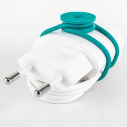 Drei Kabelbinder in Türkis. Verpackung mit grafischen Kabelmotiven.