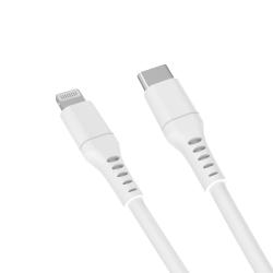 Weißes Kabel mit einem USB-Anschluss auf der einen und einem Lightning-Anschluss auf der anderen Seite. Es ist glatt und hat eine mittlere Länge.