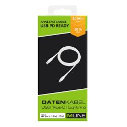 Weißes Kabel mit einem USB-Anschluss auf der einen und einem Lightning-Anschluss auf der anderen Seite. Es ist glatt und hat eine mittlere Länge.