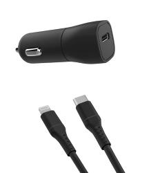 Schwarzer Auto-Ladeadapter mit USB-C Anschluss. Dazu ein schwarzes Kabel mit USB-C und Lightning Anschluss.