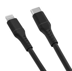 Schwarzer Auto-Ladeadapter mit USB-C Anschluss. Dazu ein schwarzes Kabel mit USB-C und Lightning Anschluss.