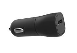 Schwarzer Auto-Ladeadapter mit USB-C Anschluss. Dazu ein schwarzes Kabel mit USB-C und Lightning Anschluss.