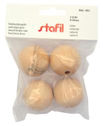 Vier rohe Holzperlen in einer transparenten Verpackung. Durchmesser von 40 mm, mit einem Loch in der Mitte.