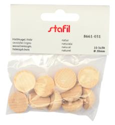 Tüte mit 10 halben Holz-Kugeln. Durchmesser 20 mm. Naturholz, unbemalt, leicht hell.