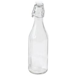 klare Glasflasche mit einem weißen Deckel und einem Drahtverschluss. Schlankes, schlichtes Design.