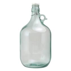 große, klare Glasflasche mit einem breiten Hals. Verschluss mit Draht und Kork. Rundliche Form, stabiler Boden.