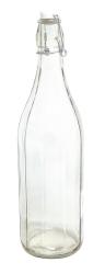 Durchsichtige Glasflasche mit schmalem Hals und Drahtverschluss. Die Flasche hat eine einfache, klare Form.